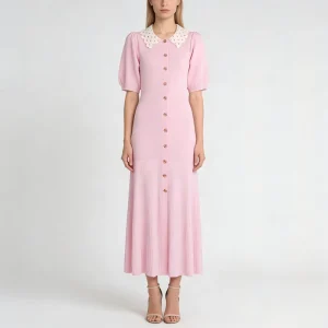Spring and Summer Elegant Women’s Knitted Short Sleeve Single Breasted Lapel Women’s Fashion Long Dress