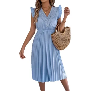 Spring and Summer European American Style Lace V Neck Ruffled Waist Pleated Mid Length Sleeveless Women’s Dress