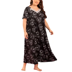 Spring and Summer Large Size Women’s Loungewear Pajamas V Neck Lace Splicing Short Sleeve Long Dress Home Pajamas