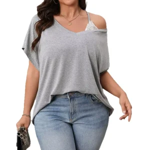 Spring and Summer Plus Size Loose Top Women’s Casual Solid Color V neck Off shoulder Bat Sleeve T shirt Short Sleeve