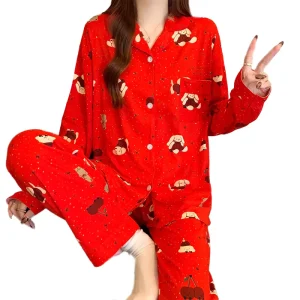 Spring fall Women’s Sleepwear Cardigan Cute style Long sleeve Top And Long Bottom Comfortable Loungewear