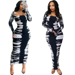 Square Collar Plus Size Knitted Dress Geometric Pattern Digital Print Bodycon Maxi Dress