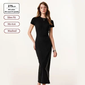 Ss26D078 Distressed Washed Slim Fit Women’S Dresses 275Gsm Rib Knit Heavy Weight Plain Women’S Casual Skirts Custom Logo