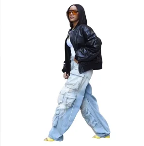 Stacked Cargo Pants Women 6 Pocket Tactical Baggy Denim Cargo Jeans Streetwear Y2K Pants