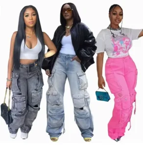Stacked Cargo Pants Women New High Quality 6 Pocket Tactical Baggy Denim Cargo Jeans Streetwear Y2K Pants