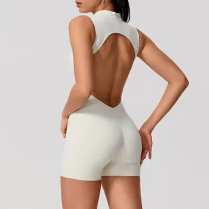 Stand Collar Hollow Back Scrunch Butt Sports Fitness Jumpsuit Workout Gym Short Romper Removable Chest Yoga Bodysuit Women