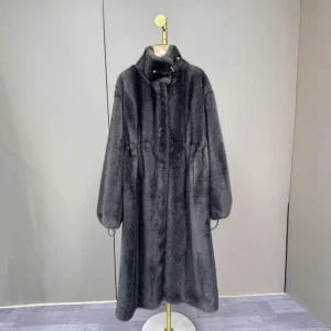 Stand-up Collar Thickened Long Women’s Faux Mink Fur and Faux Fur Coat with One-piece Design