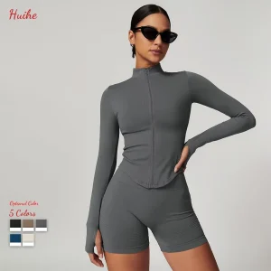 Stand up Collar Zipper Long Sleeved Yoga Jacket Women’S Tight Fitting Quick Drying Yoga Suit Outdoor Fitness Sports Top