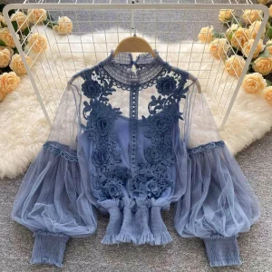 Stereoscopic Flowers See Through Mesh Lantern Sleeves Slim Short Tops Women Lace Shirt