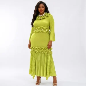 Stock High Quality Miyake Pleated Women’s Casual Dress with Pearls Natural Waistline Ankle Length Plus Size