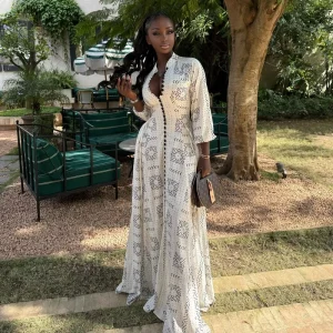 Stock Print Buttons Women’s Plus Size Maxi Evening Dress