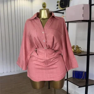 Stock Women’s Two Pieces Set Long Sleeve Shirt Top and Short Set Buttons Down Plus Size Outfits S 2XL