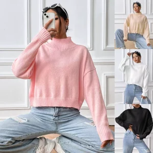 Stocks 4 Colors Ladies Causal Knitted Wool Long Sleeve Loose Sweater Turtleneck Collar Fashion Women’s Pullover Women Sweaters