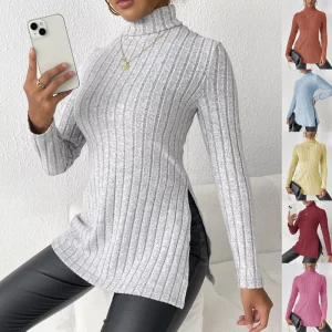 Stocks Chinese Factory Women’s Casual Ribbed Knit Turtleneck Sweatshirt Long Sleeve T Shirt With Split Hem for Female Sweaters