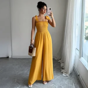 Strap High Waisted Wide Leg Jumpsuit Shirring Elastic Women’s Jumpsuits Rompers