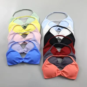 Strappy Women’s Breathable Lightweight Support Ruched Halter Sports Bra Sexy Open Back Gym Crop Top Padded Seamless Workout Yoga