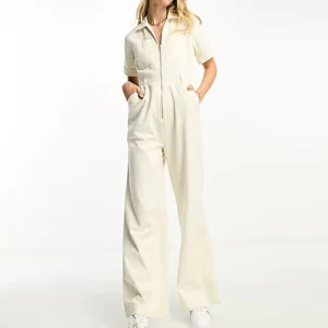 Street Style Lady Casual Floral V neck Jumpsuit Pockets Zip Front Twill Collared Wide Leg Women