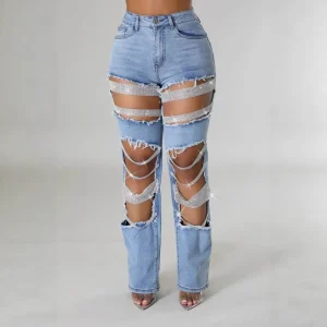 Street-style Stretch Sequin Distressed Loose Versatile Wide-leg Long Pants Washed Jeans