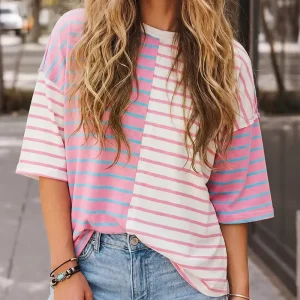 Stripe Design Summer T Shirt Casual Patchwork Women’s Asymmetrical Pink & Blue Stripe Drop Shoulder T Shirt