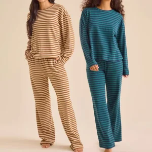 Striped Crewneck and Pant Set Long Sleeve Women’s Pyjamas Two Piece Pajama Set Cotton Jersey Night Wear