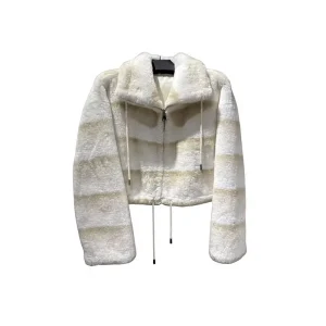 Striped Faux Fur Short Jacket Women’s Half Zip Drawstring Cropped Coat Casual Winter Faux Fur Outerwear