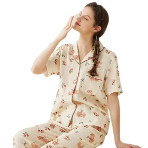 Striped Flowery Women Thermal Satin V-Neck Pajamas Set Notched Collar Short Sleeve Soft Sleepwear With Long Pants