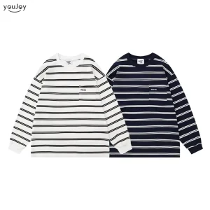 Striped Long-sleeved 100% Cotton Men’s Women’s Heavy Loose Fit Wrinkle-free Casual Retro T-shirt Top All-match
