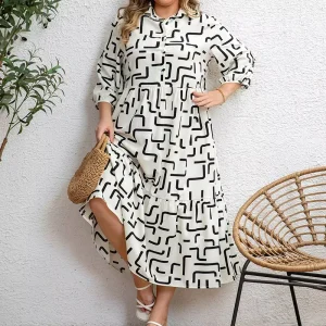 Striped Print Plus-size Women’s Woven Shirt Dress Turn-down Neck 3/4 Sleeves A-line Skirt Elegant Style Work or Casual Outing