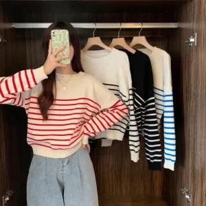 Striped Round Neck Long-Sleeved Knitwear Early Autumn Fashionable Women’s Loose Slimming Base Shirt Top