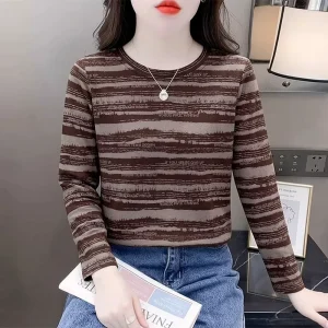 Striped T-shirt Long Sleeved Women’s Slim Fit Versatile Women’s Base Shirt Round Neck Casual Top Women’s T-shirt