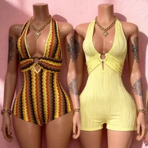 Style Women’s New Jumpsuits Deep V-neck Backless Circular Ring One Piece Halter Romper Women Print Jumpsuit
