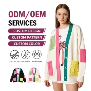 Stylish Color Blocking Knitted Cardigan Sweater for Women Custom Autumn Loose Thin Knitwear
