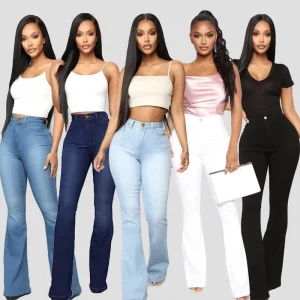 Stylish Denim Flare Jeans Women Elastic Waist Mid Flared Hem Breathable Summer Multiple Color Women’s Wide Leg Jeans