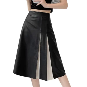 Stylish Design Stitching Women Elegant Leather Skirt Genuine Sheepskin Leather Skirt