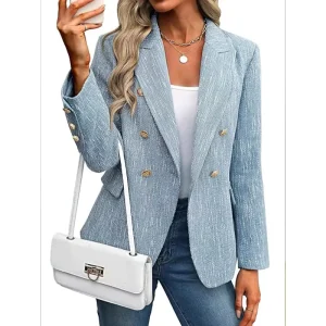 Stylish Fitted Women’s Blazer Spring Woven Polyester Fabric Double-breasted Button Detail Long Sleeve Business Formal Office Top
