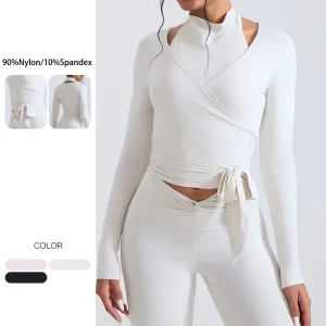 Stylish Long Sleeve Women’s Yoga Top Tie Rope Naked Feeling 90%Nylon/10%Spandex Stretch Wrap Top Pilates Ballet Outfit