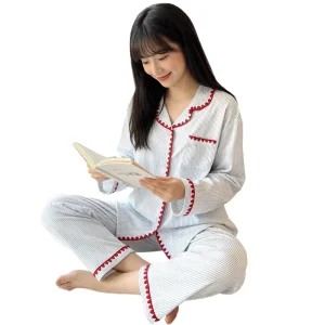 Stylish Minimalist Striped Korean style Casual Crescent neck Women’s Pajamas And Loungewear Set