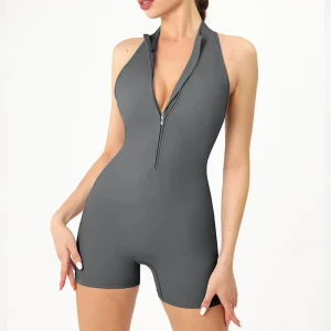 Stylish Solid Yoga Jumpsuits Front Sleeveless Shorts Removable Cups Active Wear High Elastic Breathable Anti Bacterial Quick