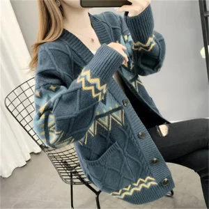 Stylish Women’s Knitted Jacquard Button-down Sweater Cardigan Casual Loose Knit Long Women’s Sweater Coat