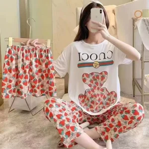 Summer 3PCS Women’s Breathable 100% Polyester Casual Loungewear Set with Short Sleeve Pajamas Pants & Shorts