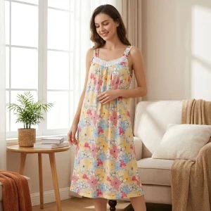 Summer 6 Colors Available Plus Size Floral Print Milk Fiber Quick Dry Breathable Cozy Nightgown Sleeveless Lace Trim