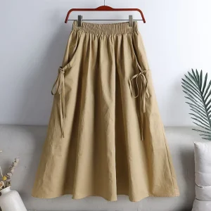 Summer & Autumn New Solid Color Lace Drawstring Mid length Cotton A line Plus Size Womens Skirts