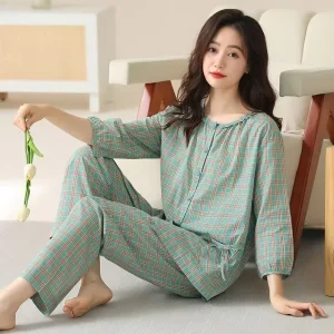 Summer Autumn New Women’s Cloud Cotton Three quarter Sleeve Nine Point Pants Brushed Pajama Set Breathable Loungewear