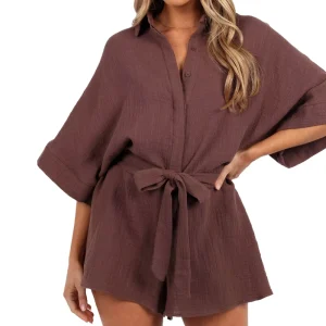 Summer Brown Jumpsuits with Belt Cotton Gauze Fabric Custom Women Romper