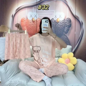 Summer Casual Breathable Quick Dry Knitted Milk Fiber Puff Printed Animal Print Sleepwear Set Women Girls Spring Pajama
