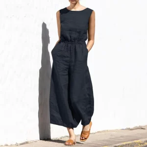 Summer Casual Cotton Linen Jumpsuit for Women Sleeveless Romper With Pockets Women’s Jumpsuits Playsuits