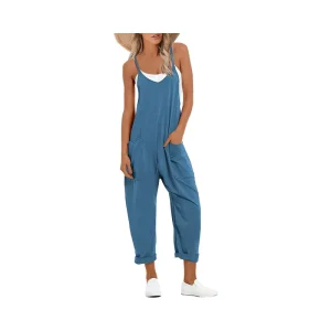 Summer Casual Jumpsuit Breathable V-Neck Sleeveless Harem Overalls Adjustable Strap Romper Women’s Denim Jumpsuit