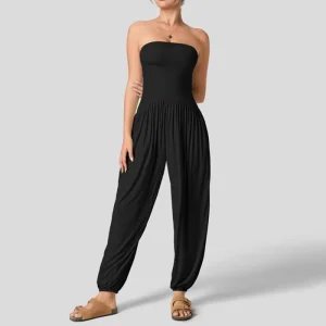 Summer Casual Ruched Tube Top Sleeveless Jumpsuit With Pockets for Women Strapless One Piece Jogger Jumpsuits