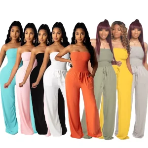 Summer Casual Sexy Jumpsuits Women Solid Plain Color One Piece Jumpsuit Sleeveless Wide Leg Loose Rompers