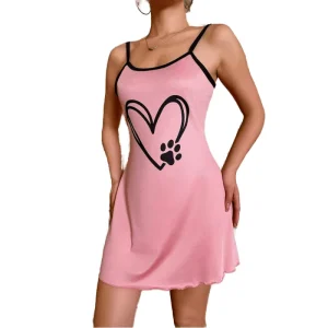 Summer Casual Women’s Breathable Polyester Nightgown with Front Logo Short Sleeveless Nightdress for Home Wear